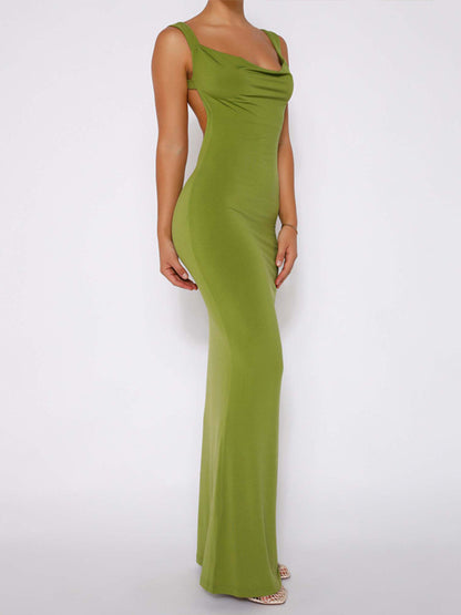 Backless Wide Strap Maxi Dress-SMALL-XL (IVORY/BLACK/LIME)