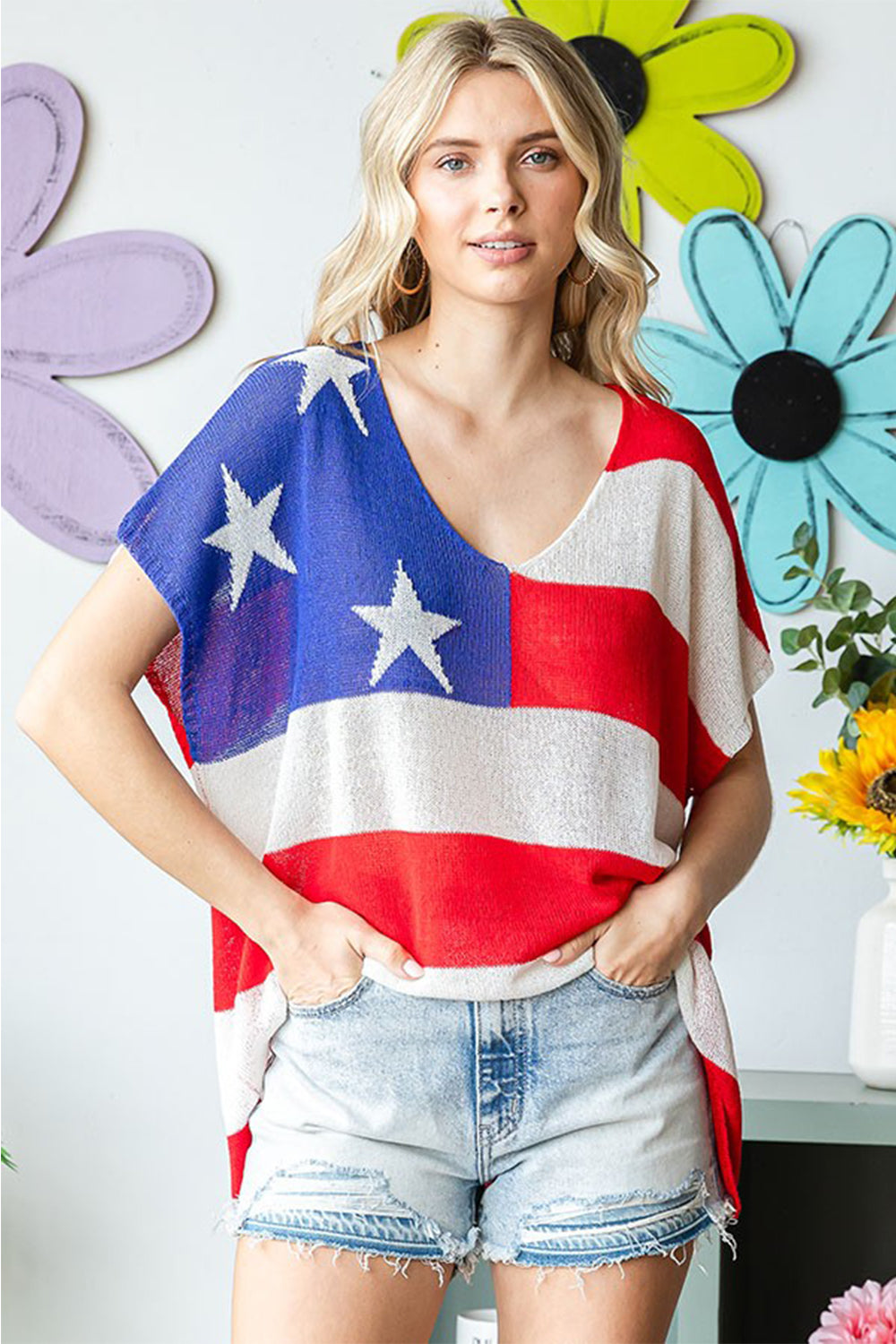 First Love Full Size USA Flag Drop Shoulder Knit Top-SMALL-3XL