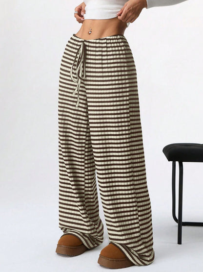 Tied Striped Wide Leg Pants (pink/grey/black/blue/taupe)-SMALL-2XL