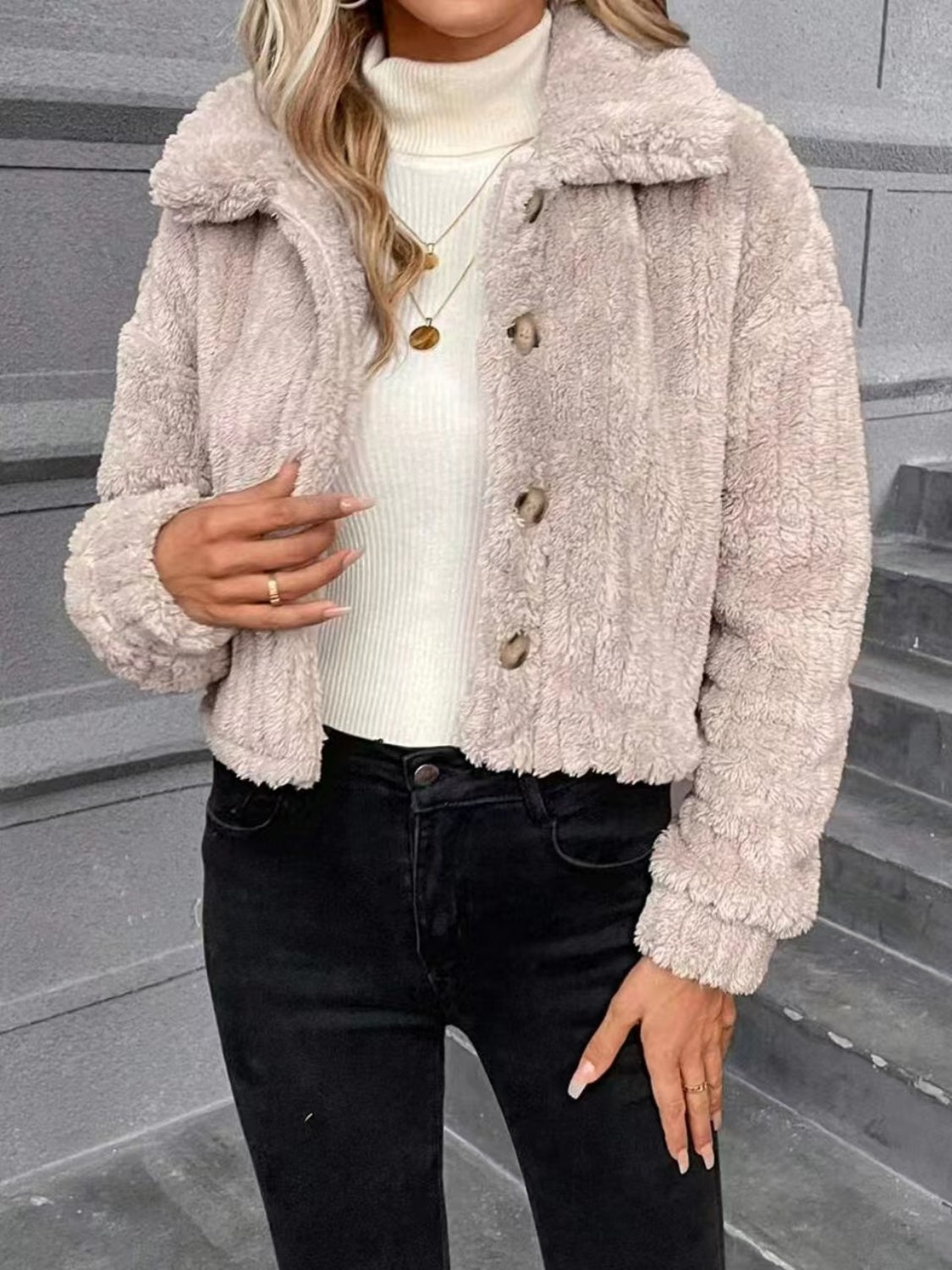 Button Up Long Sleeve Fuzzy Jacket -SMALL-XL