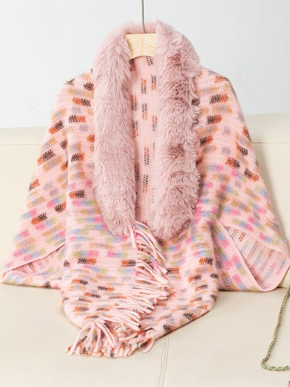 Fringe Fuzzy Open Front Poncho (cream/pink/brown/blue/khaki) ONE SIZE