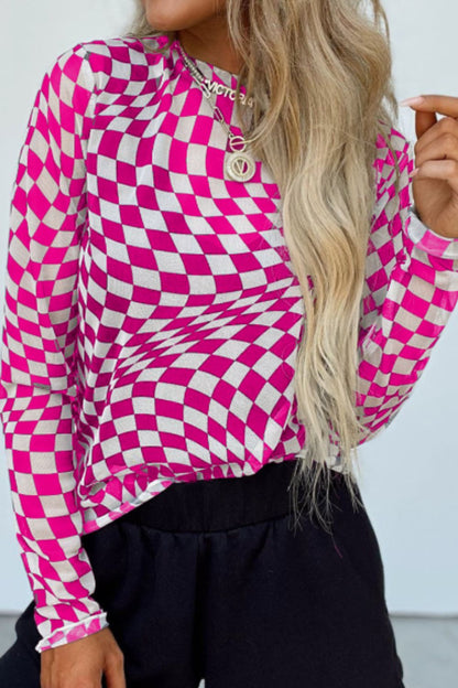 Distorted Checkered Mock Neck Long Sleeve Blouse (hot pink/black/beige)-SMALL-XL