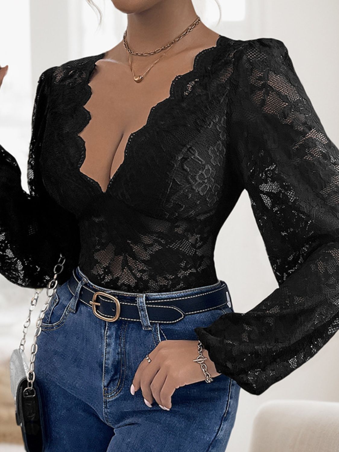 Lace Plunge Long Sleeve Bodysuit-SMALL-XL