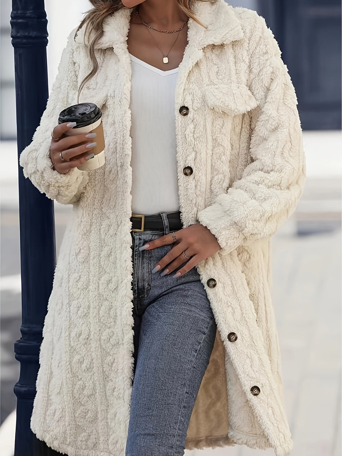 Fuzzy Button Up Long Sleeve Longline Fur Coat-SMALL-2XL