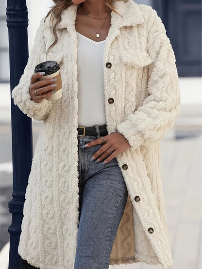 Fuzzy Button Up Long Sleeve Longline Fur Coat-SMALL-2XL