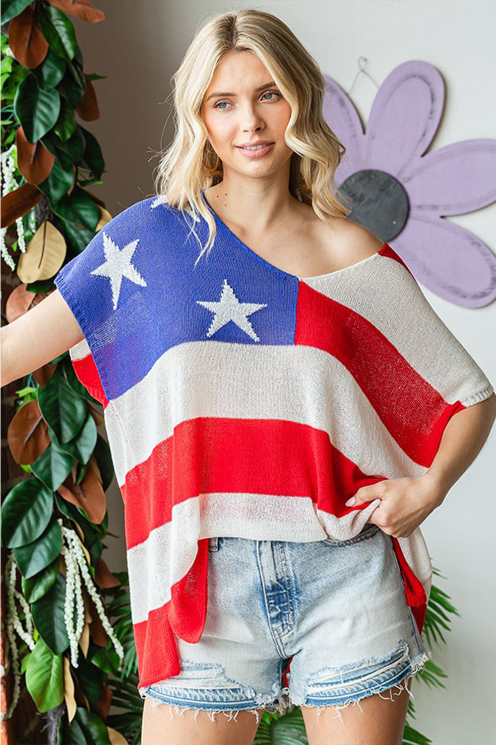 First Love Full Size USA Flag Drop Shoulder Knit Top-SMALL-3XL