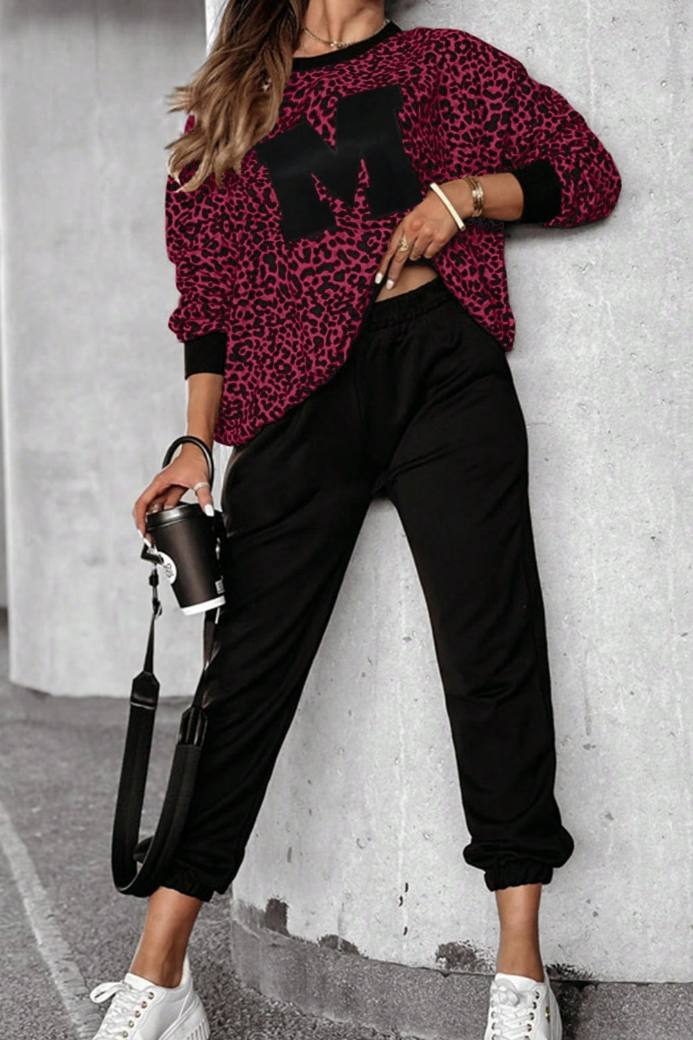 ON SALE::::Letter M Leopard Round Neck Top and Pants Set (white/burgundy/tan)-S-XL