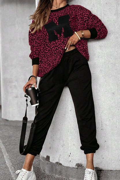 ON SALE::::Letter M Leopard Round Neck Top and Pants Set (white/burgundy/tan)-S-XL