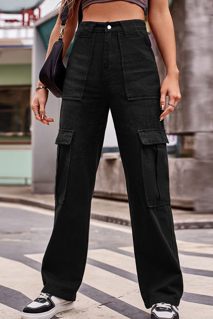 Buttoned High Waist Loose Fit CARGO Jeans-SMALL-2XL (BROWN/BLACK/BLUE)