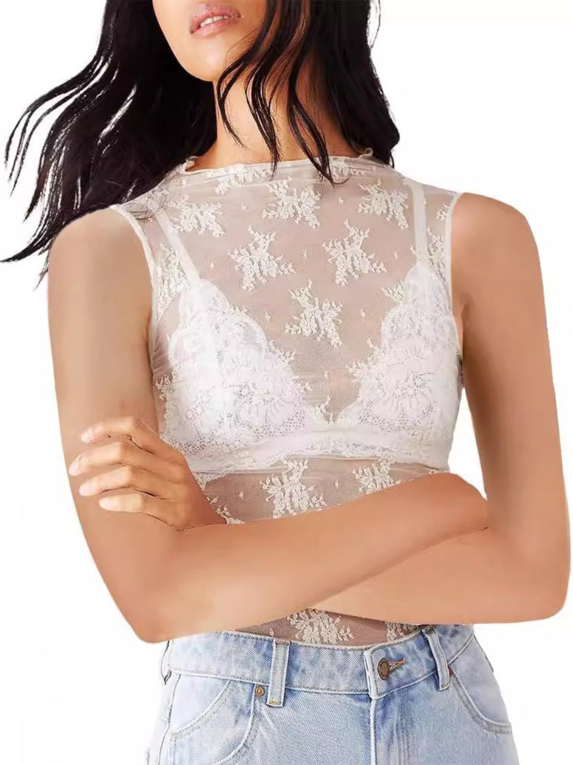 Lace Sheer Sports Bra Top (Black/Cream/Brown/White)-*XS-XL
