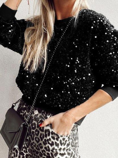 Sequin Round Neck Long Sleeve Blouse-SMALL-XL