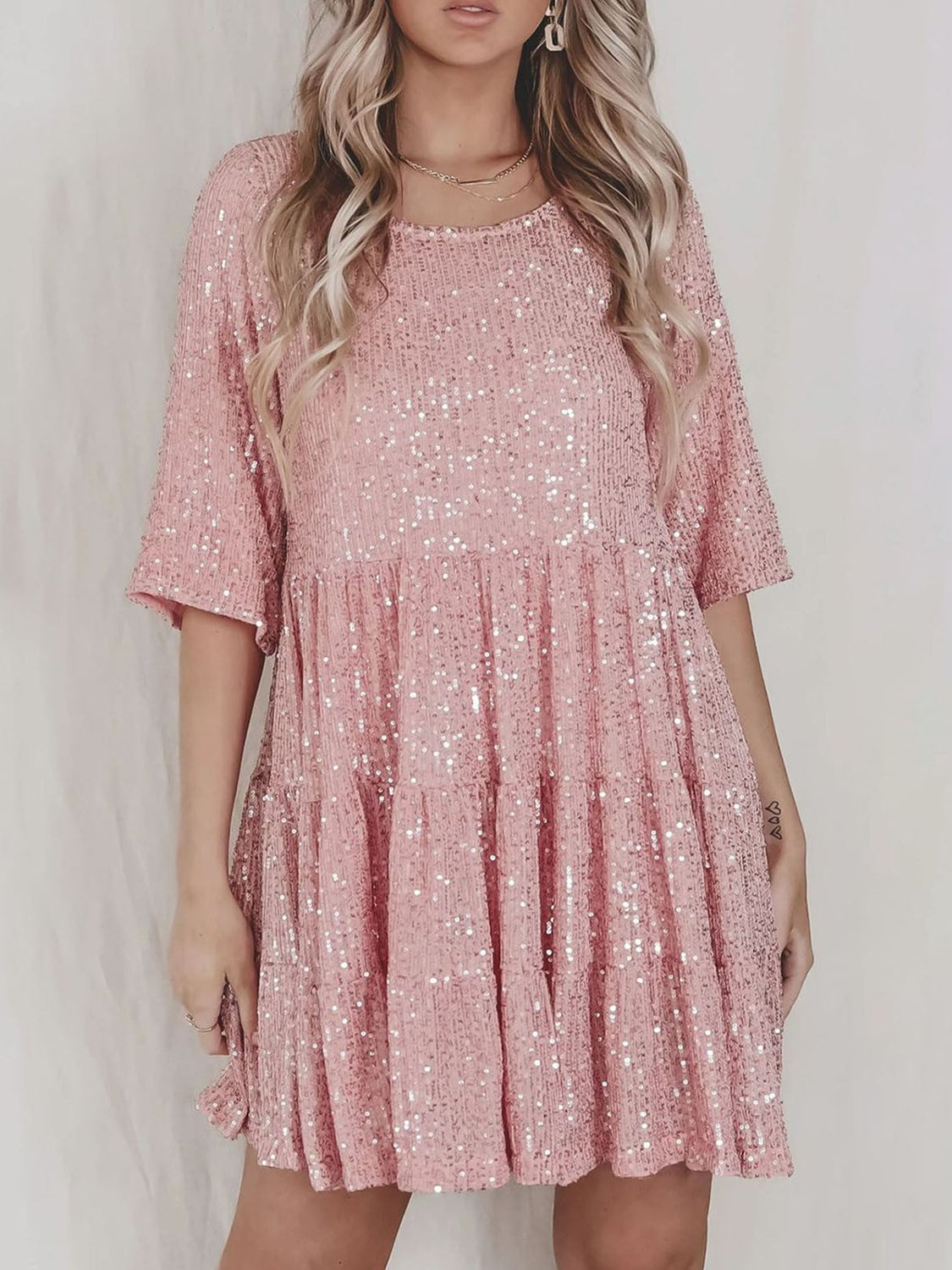 Full Size Sequin Round Neck Half Sleeve Mini Dress-SMALL-3XL (Many colors)