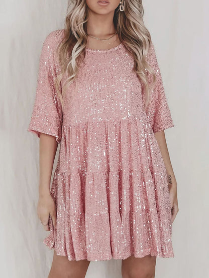 Full Size Sequin Round Neck Half Sleeve Mini Dress-SMALL-3XL (Many colors)