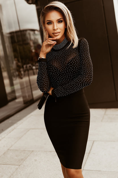 Rhinestone Mock Neck Long Sleeve Dress (black/dark green)-S-XL