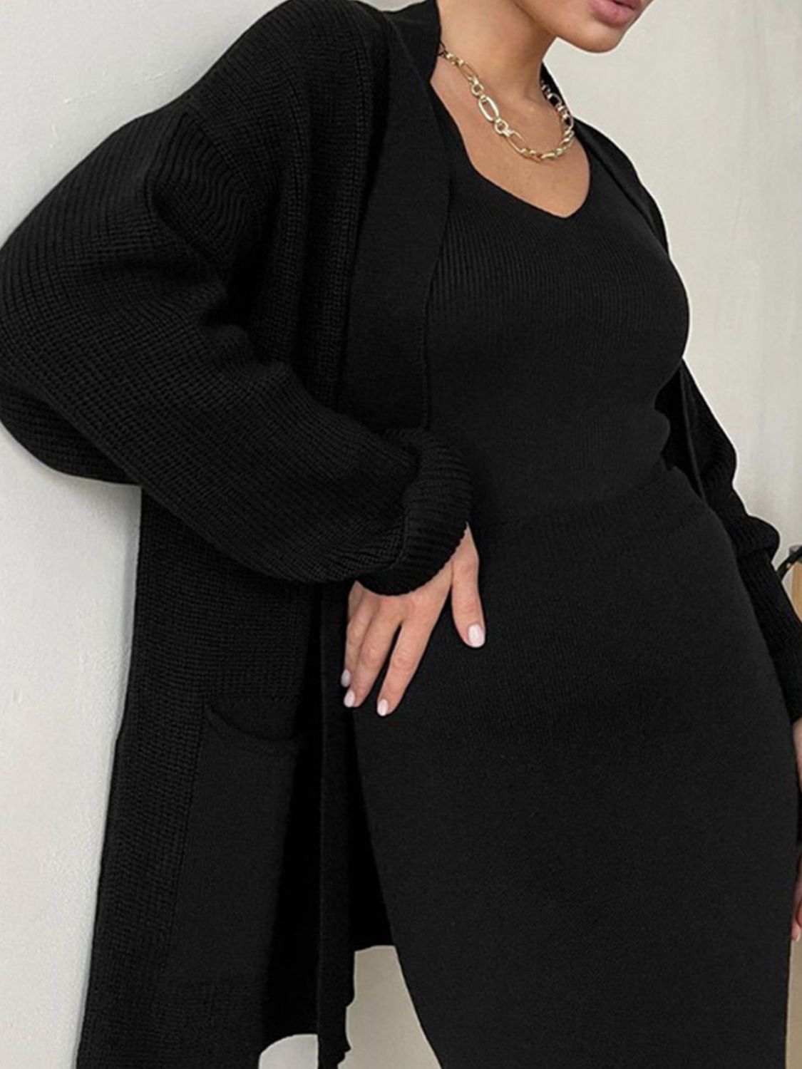 Pocketed Long Sleeve Cardigan and Skirt Sweater Set (cream/camel/lt. green/grey/black) ONE SIZE