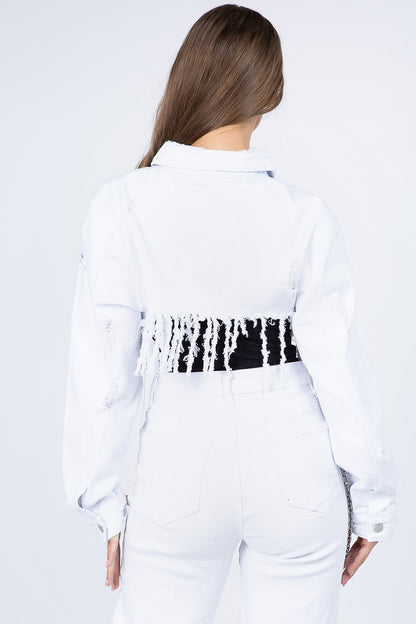 American Bazi Distressed Denim Jacket with Frayed Hem-S/M/L