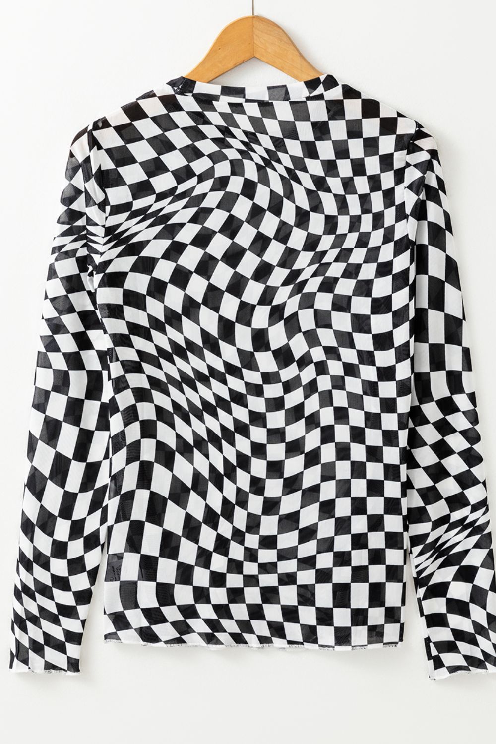 Distorted Checkered Mock Neck Long Sleeve Blouse (hot pink/black/beige)-SMALL-XL