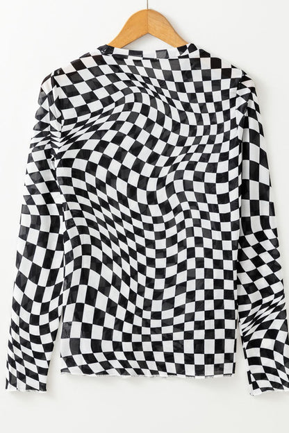 Distorted Checkered Mock Neck Long Sleeve Blouse (hot pink/black/beige)-SMALL-XL