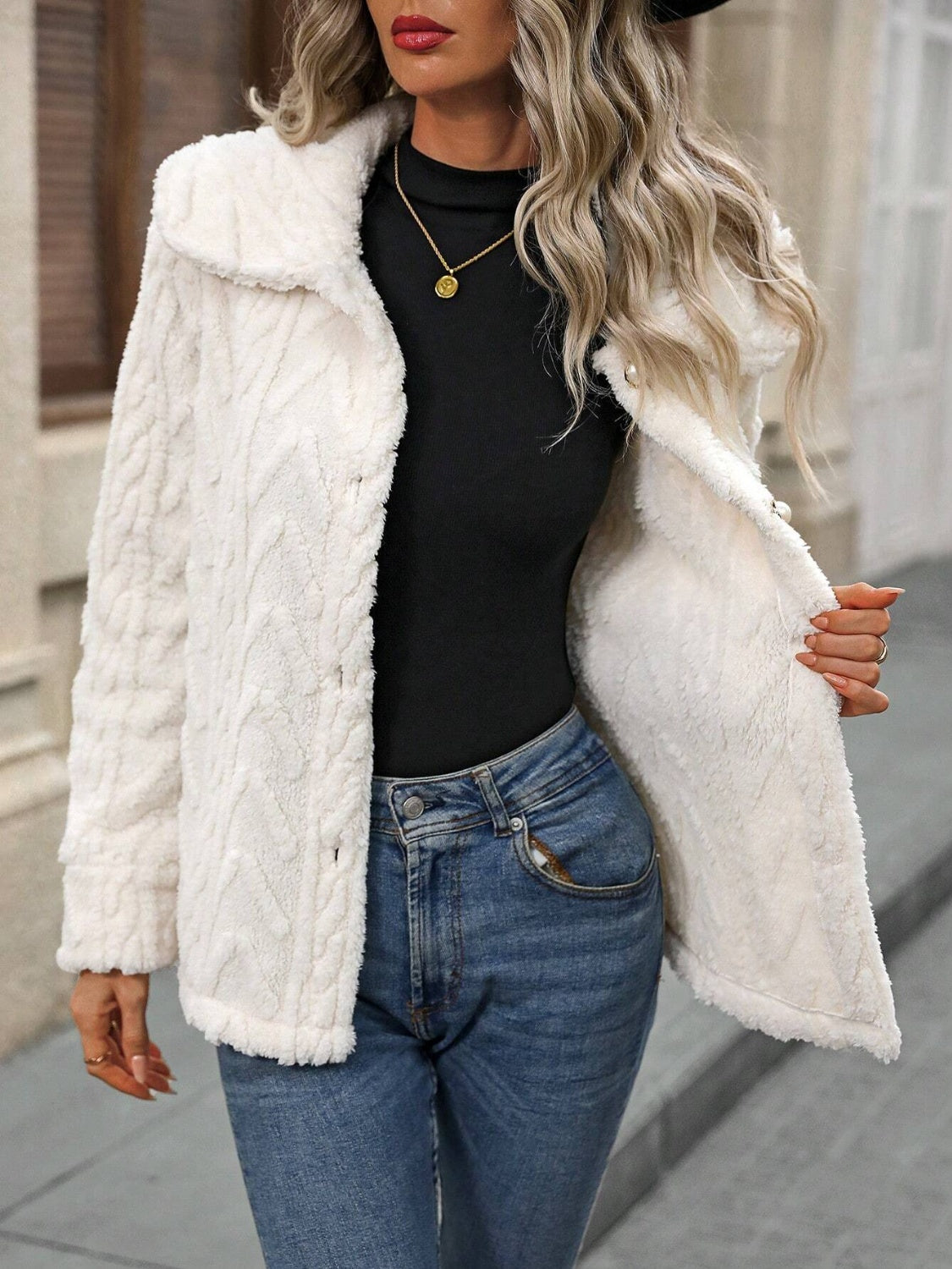 Fuzzy Texture Button Up Collared Neck Coat-SMALL-XL