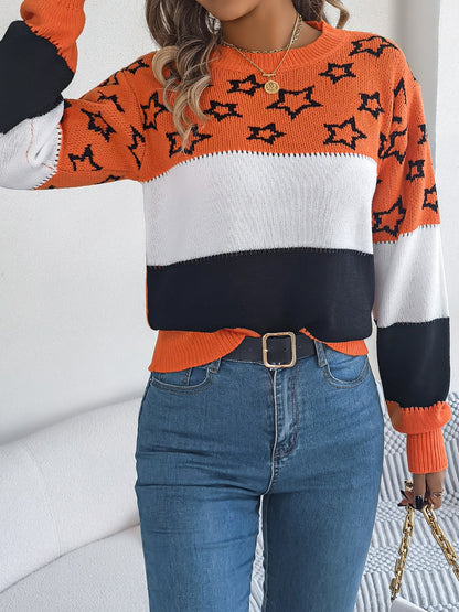 Star Contrast Round Neck Sweater-SMALL-XL