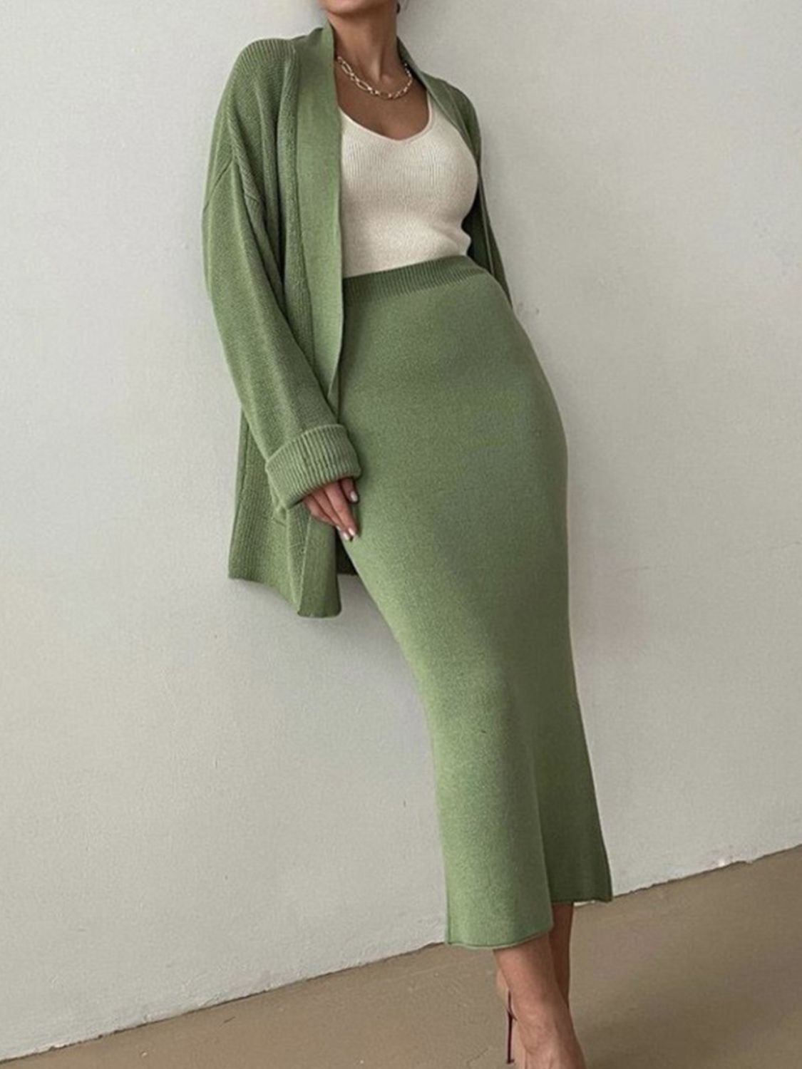 Pocketed Long Sleeve Cardigan and Skirt Sweater Set (cream/camel/lt. green/grey/black) ONE SIZE