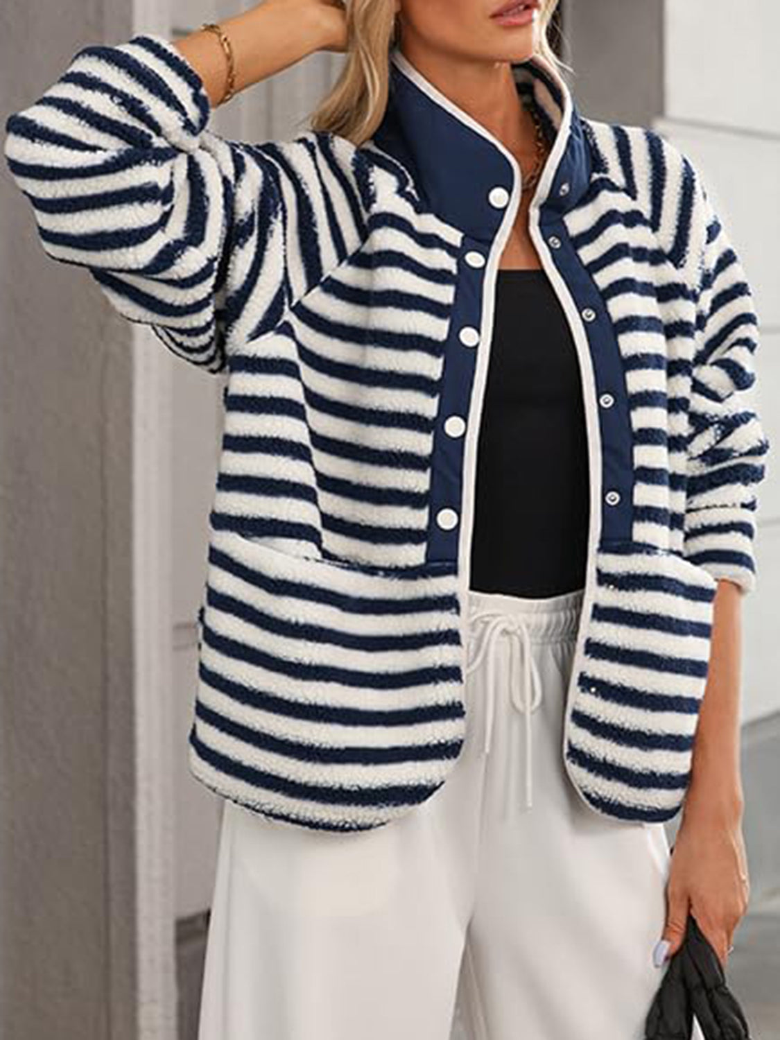 Pocketed Half Snap Sherpa Jacket (2 STYLES: cow print/blue stripe)-S-XL