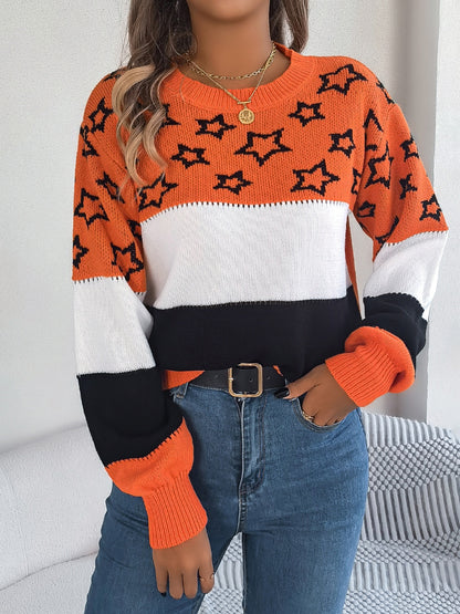 Star Contrast Round Neck Sweater-SMALL-XL