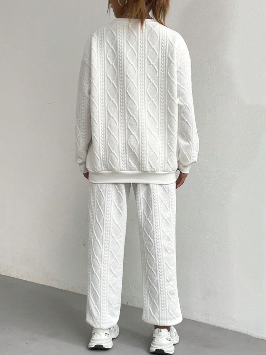 Texture Round Neck Top and Pants Set (white/black/pink/beige/green)-SMALL-2XL