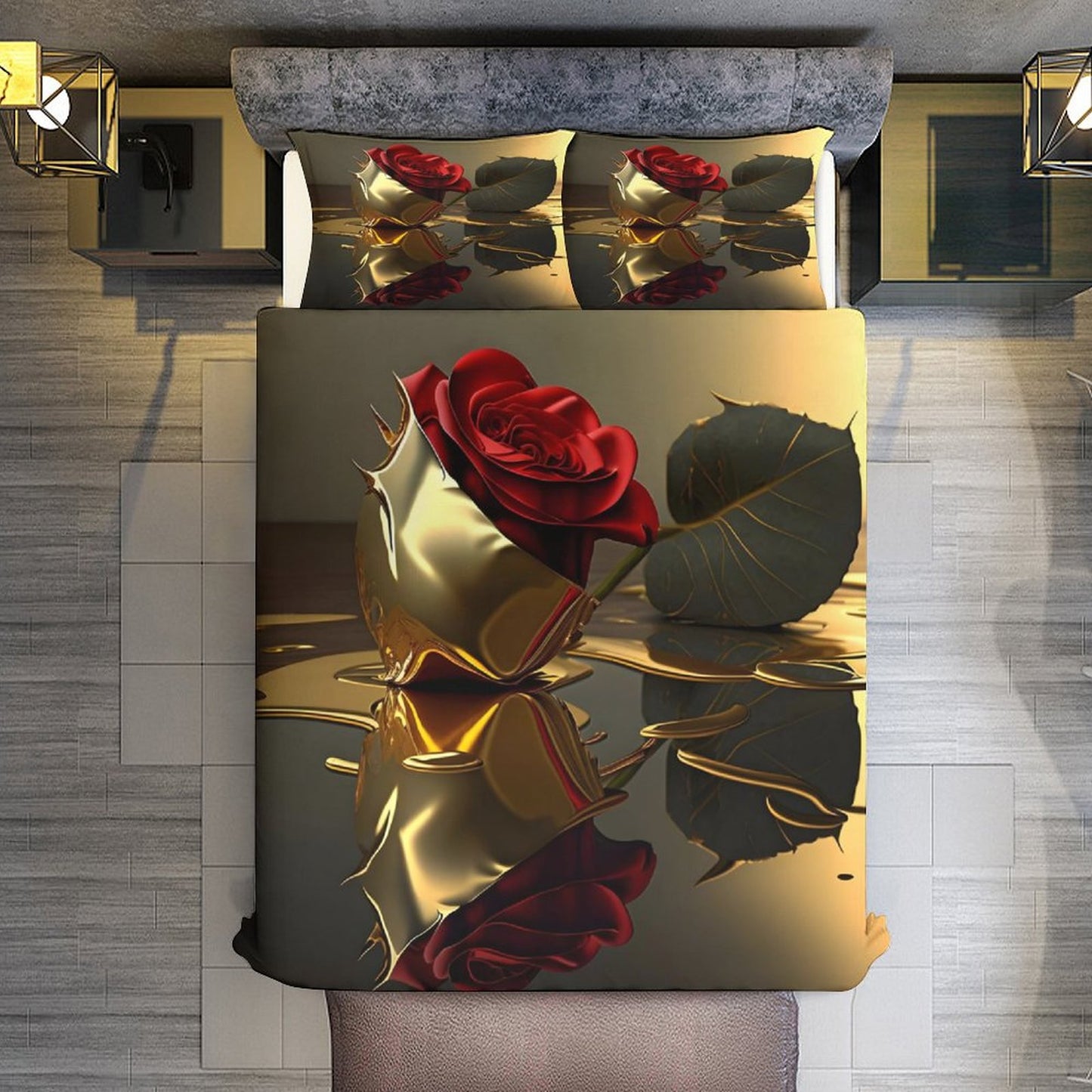 ROSE IN GOLD 3-Piece Bedding Set-102"x90"/ 259x229cm (Dual-sided Printing)