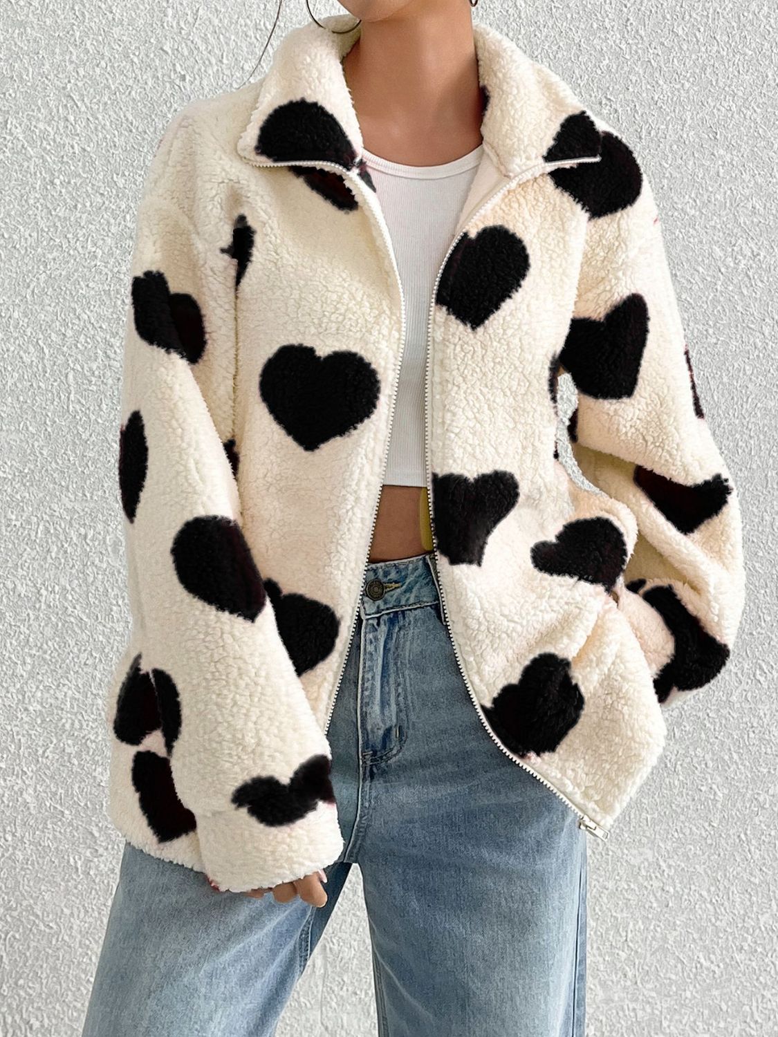 Heart Zip Up Drop Shoulder Furry Jacket (red/brown/black)-SMALL-2XL