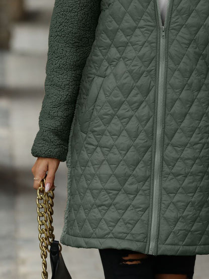 Texture Zip Up Long Sleeve Hooded Coat (caramel/off white/black/green)-SMALL-2XL)