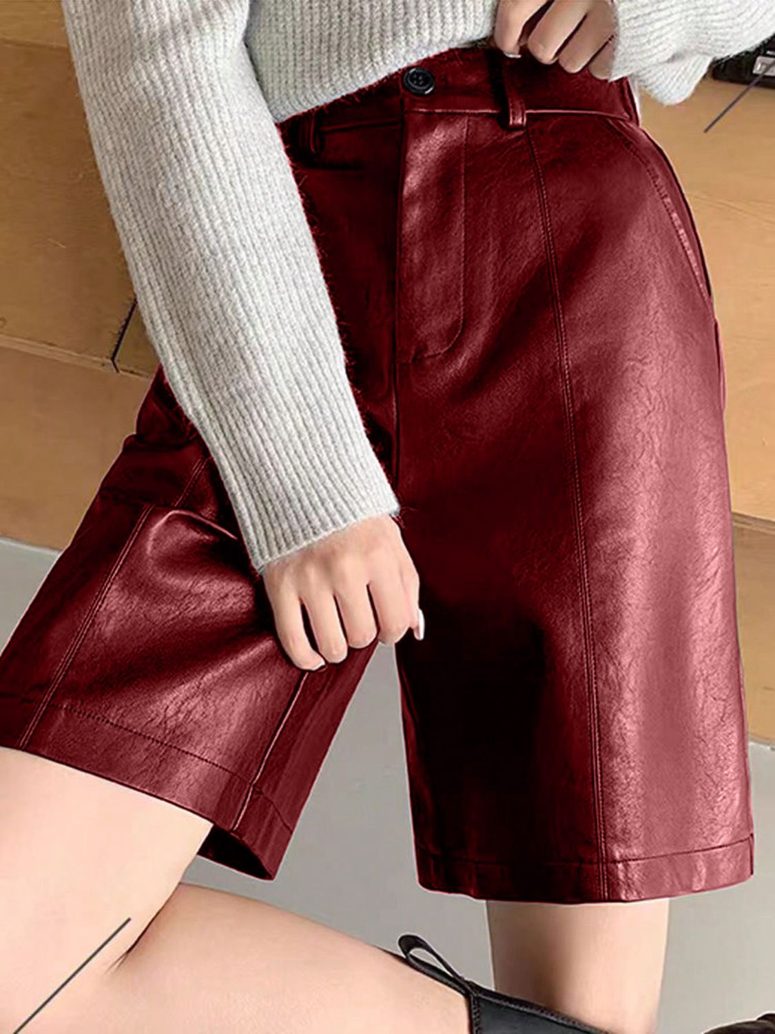 PU Leather High Rise Shorts (black/brown/burgundy)-SMALL-XL