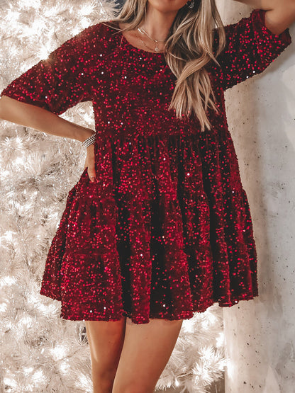 Full Size Sequin Round Neck Half Sleeve Mini Dress-SMALL-3XL (Many colors)