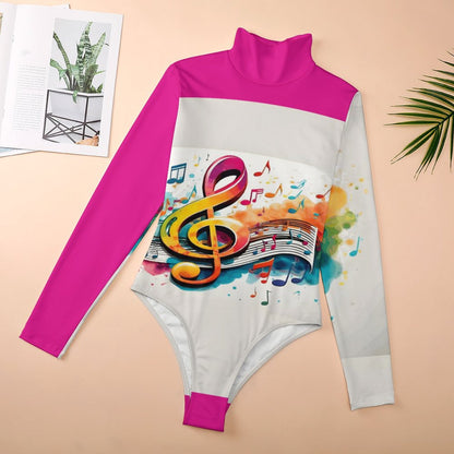 MUSIC GRAFFITI High-collar Long-sleeve Bodysuit (white/hot pink)