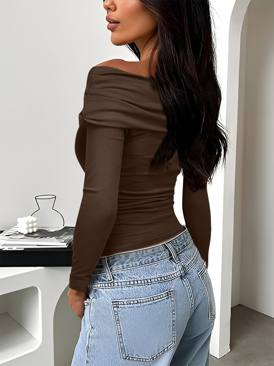 Ruched One Shoulder Long Sleeve Shirt (tan/grey/chocolate/pink/mocha/white/black)-S-XL