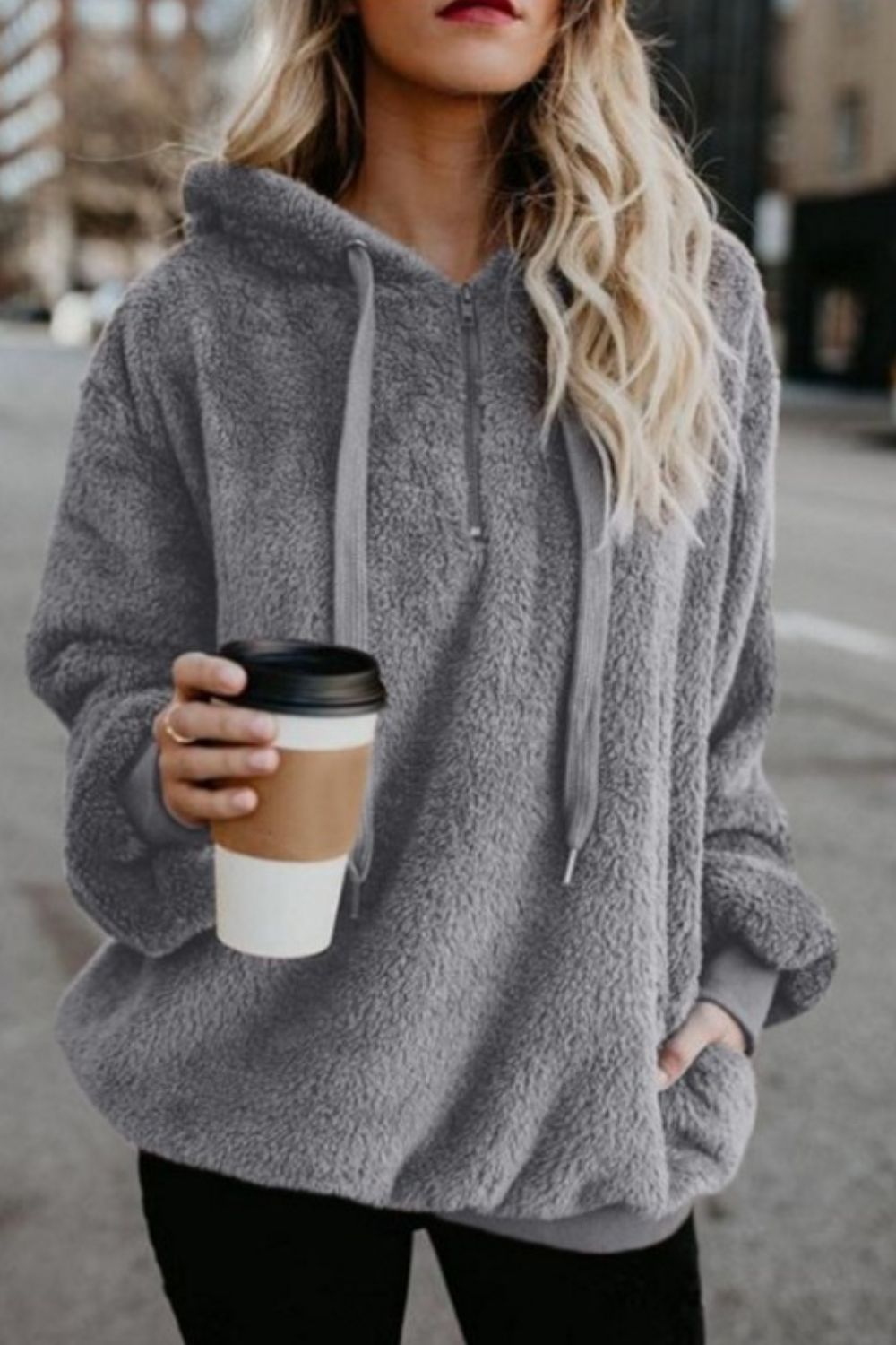 Full Size Quarter-Zip Drawstring Teddy Hoodie (many colors)-SMALL-3XL