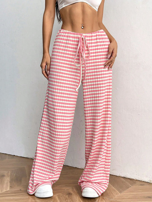 Tied Striped Wide Leg Pants (pink/grey/black/blue/taupe)-SMALL-2XL
