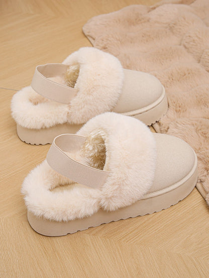 Faux Fur Round Toe Platform Slippers (beige/black/caramel)