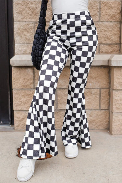 Checkered Flare Pants with Pockets-SMALL-XL