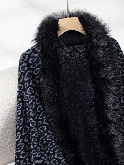 Fringe Leopard Open Front Long Sleeve Poncho (beige/chocolate/indigo/burgundy/brown/black)
