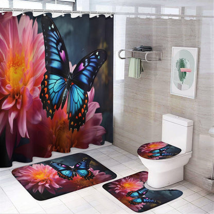 BLUE BUTTERFLY Shower Curtain Set with 3 Rugs