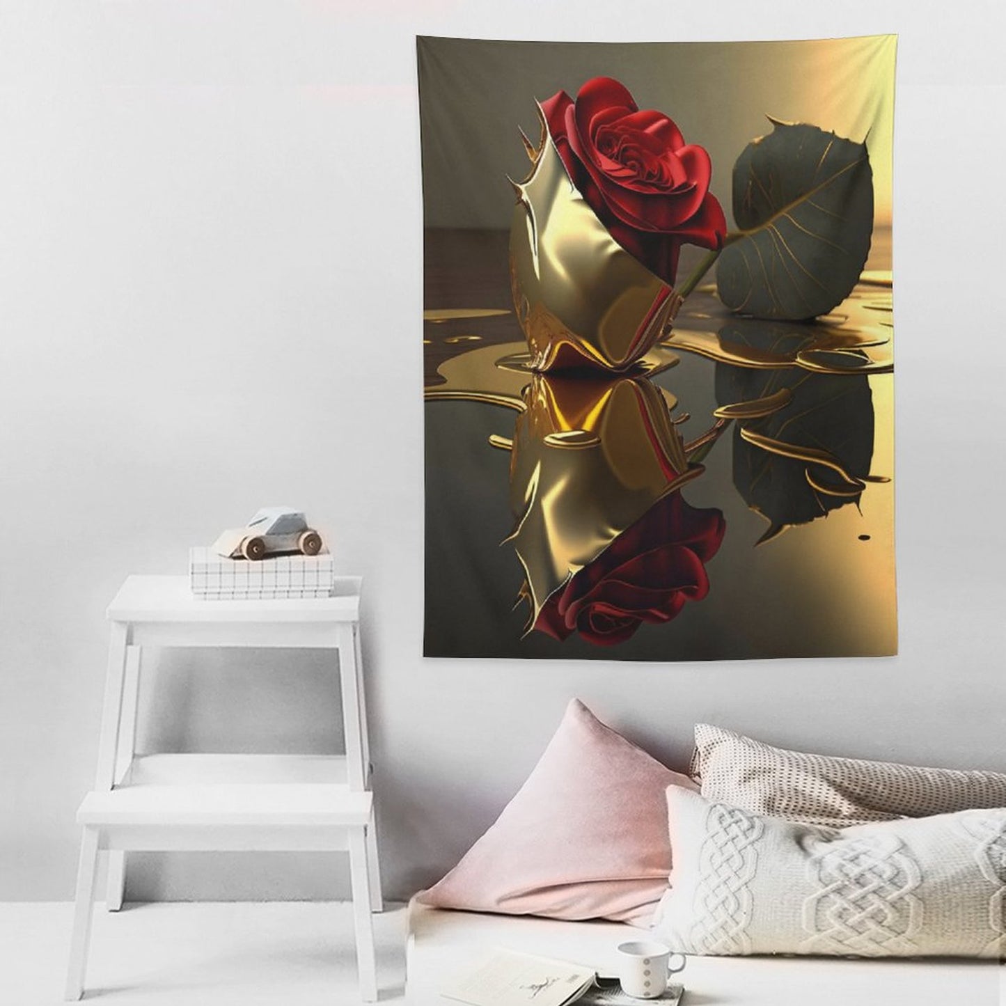 ROSE IN GOLD Wall Art with Vertical Tapestry