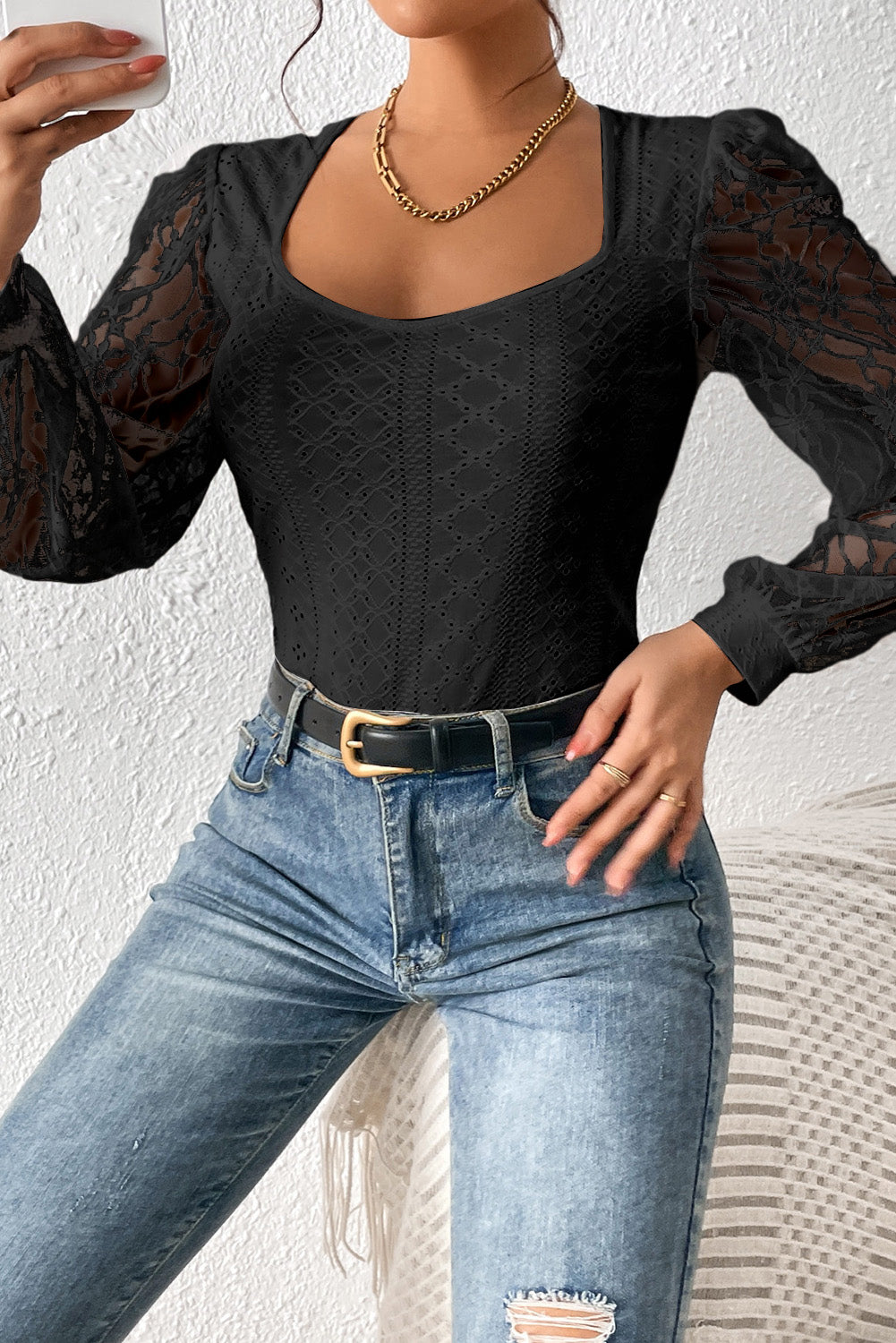 Eyelet Lace Long Sleeve Bodysuit (white/black)-SMALL-XL