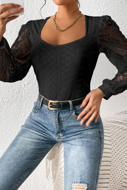 Eyelet Lace Long Sleeve Bodysuit (white/black)-SMALL-XL