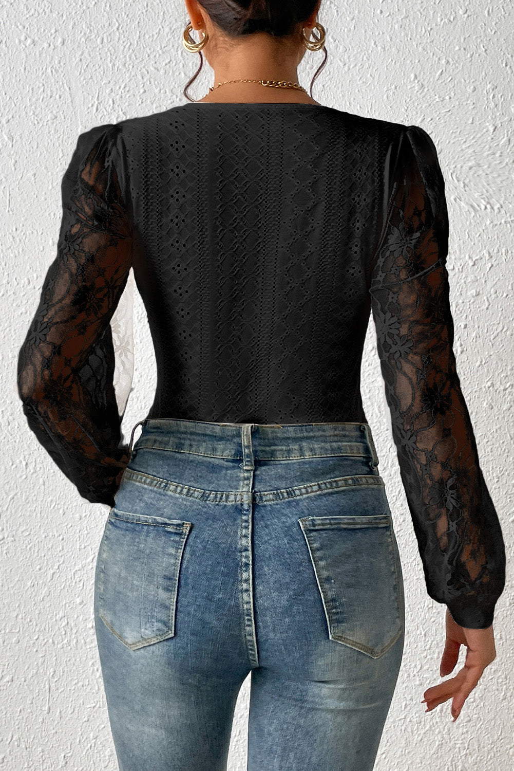 Eyelet Lace Long Sleeve Bodysuit (white/black)-SMALL-XL