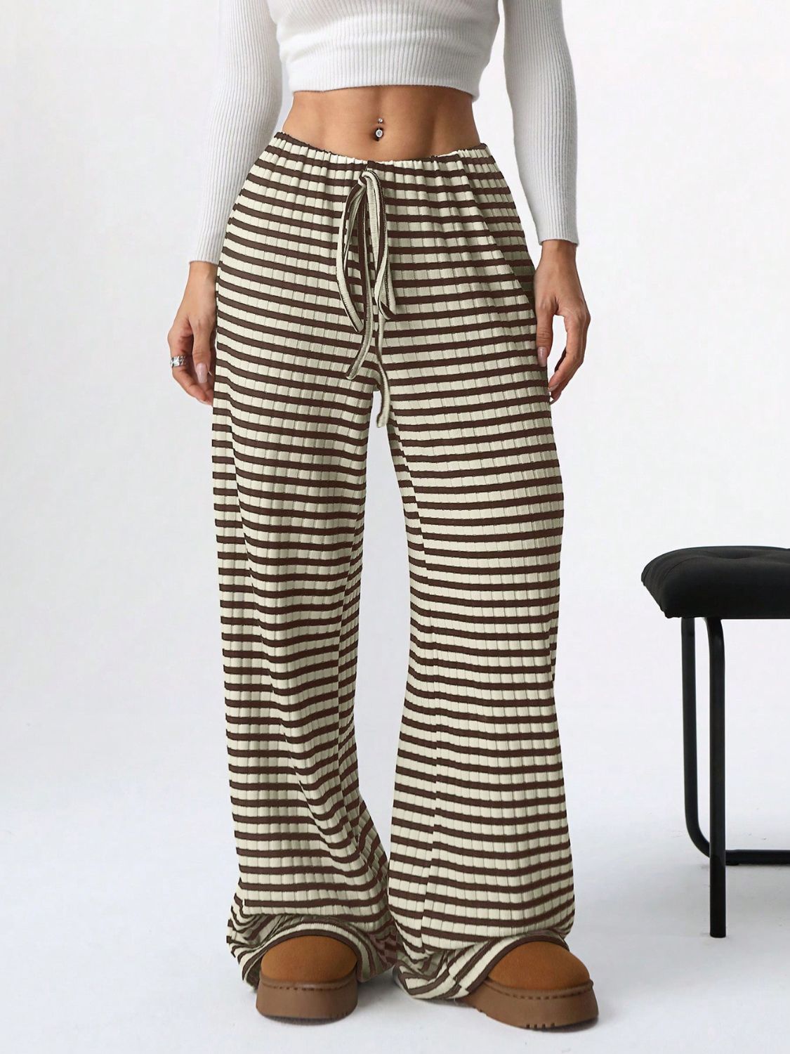 Tied Striped Wide Leg Pants (pink/grey/black/blue/taupe)-SMALL-2XL