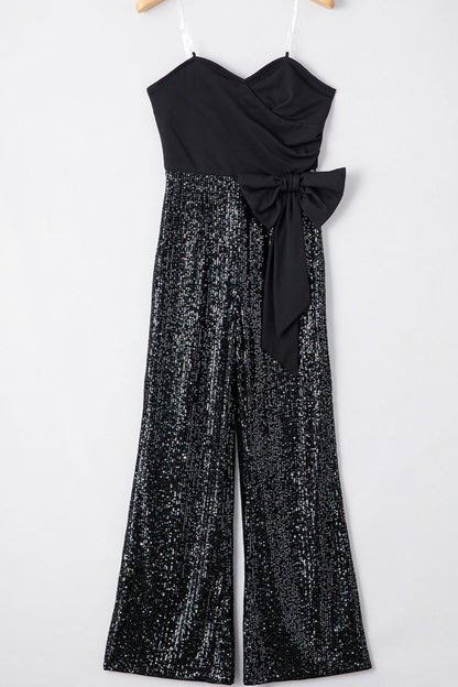 Bow Sequin Wide Leg Jumpsuit-SMALL-XL