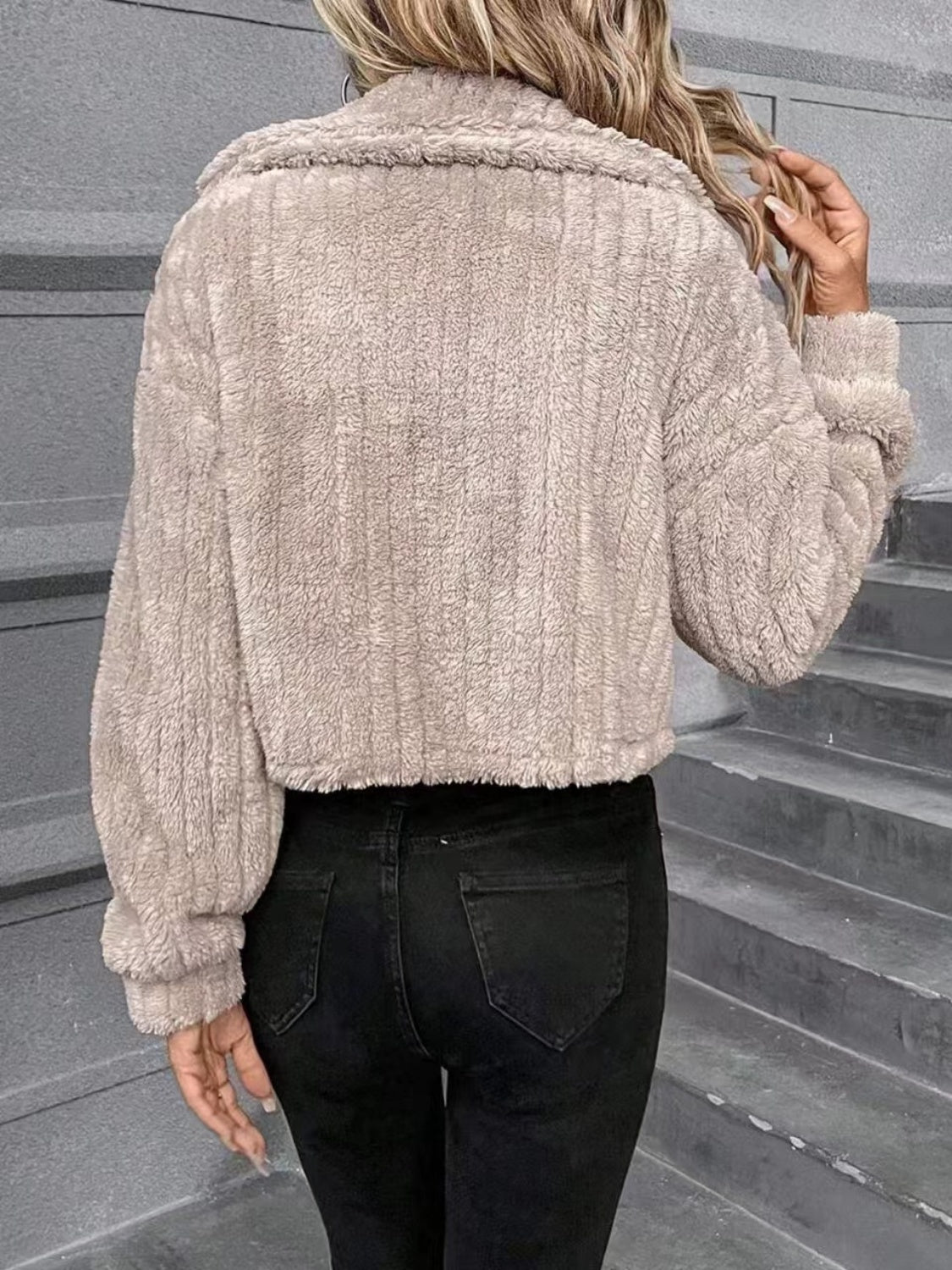 Button Up Long Sleeve Fuzzy Jacket -SMALL-XL