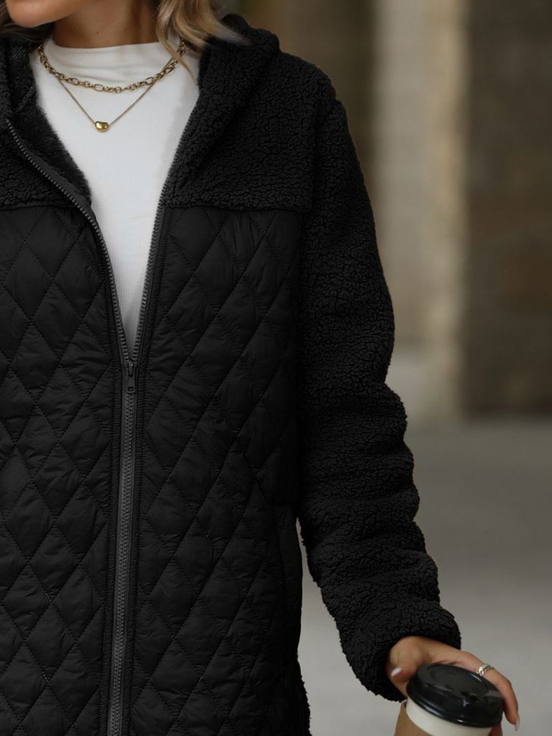 Texture Zip Up Long Sleeve Hooded Coat (caramel/off white/black/green)-SMALL-2XL)