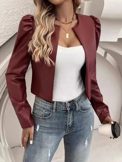 PU Leather Open Front Puff Sleeve Jacket (caramel/black/burgundy)-SMALL-XL